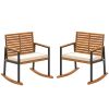 Acacia Wood Outdoor Lawn Rocking Chair Set of 2, Outdoor Patio Rocking Chairs with Armrests, Cushion, Cream White