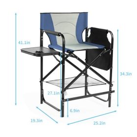 26" Tall Directors Chair with Footrest, 4Portable Bar Height Folding Camping Chair with Built-in Cup Holder, Side Table, Storage Pocket, Gray & Navy