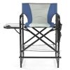 26" Tall Directors Chair with Footrest, 4Portable Bar Height Folding Camping Chair with Built-in Cup Holder, Side Table, Storage Pocket, Gray & Navy