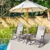 3 Piece Rocking Bistro Set Outdoor Cream White Folding Chairs Glass Coffee Table for Yard Patio Deck