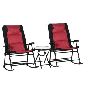 3 Piece Outdoor Patio Furniture Set with Glass Coffee Table & 2 Folding Padded Rocking Chairs, Bistro Style for Porch, Camping, Balcony, Red (Color: Red)